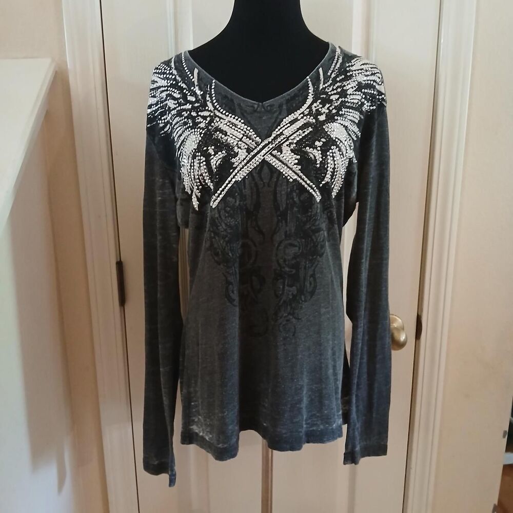 Y2K Mcbling Rock & Roll Cowgirl Studded Distressed Long Sleeve Graphic Tee XL